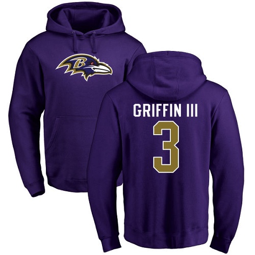 Men Baltimore Ravens Purple Robert Griffin III Name and Number Logo NFL Football #3 Pullover Hoodie Sweatshirt